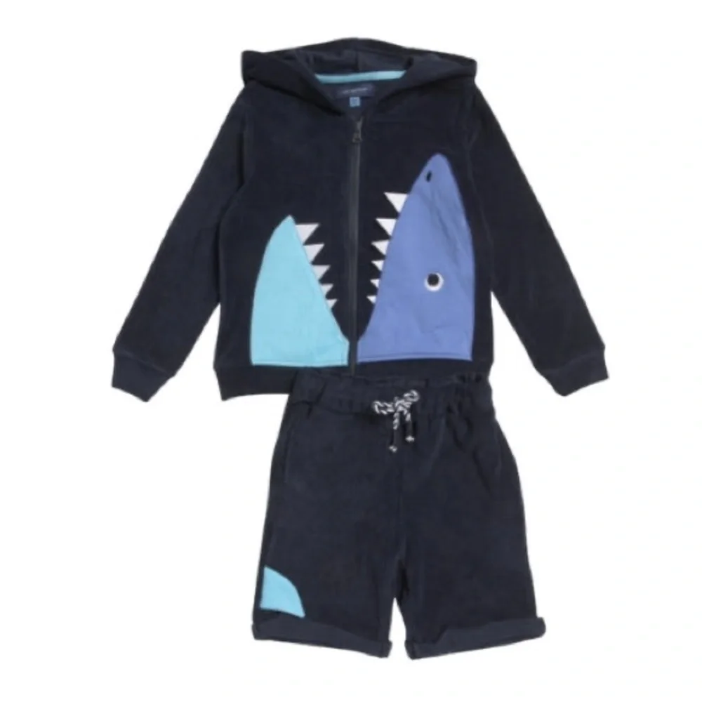 Andy & Evan Boys Matching Set Terry Sharks Hoodie Shorts 2T 5